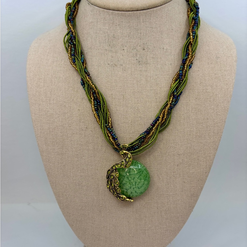 NEW Green and Goldtone Peacock Beaded Necklace